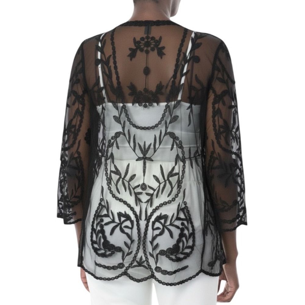 NWT Nina Leonard BLACK EMBROIDERED MESH LACE Jacket Top Open Cardigan Cocktail M